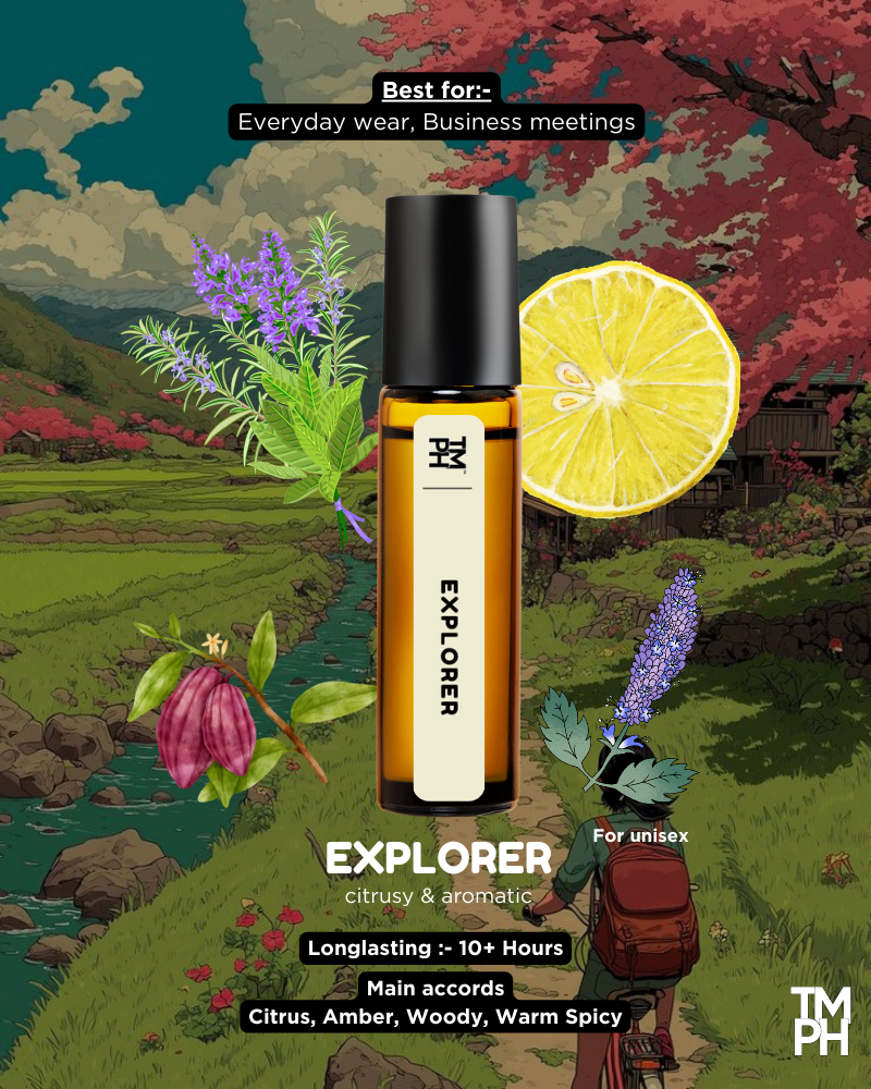 Explorer perfume bottle with nature-themed background