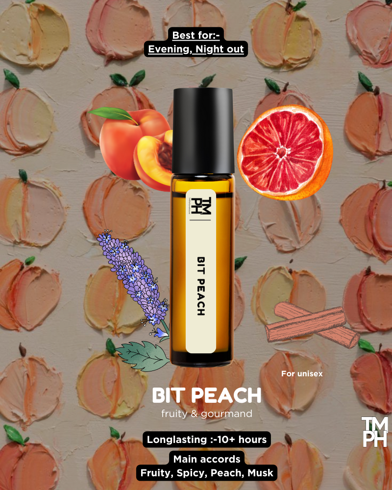Bit Peach perfume bottle with fruit illustrations on a beige background