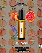 Bit Peach perfume bottle with fruit illustrations on a beige background