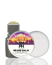 Beard balm and bottle with colorful label on a white background