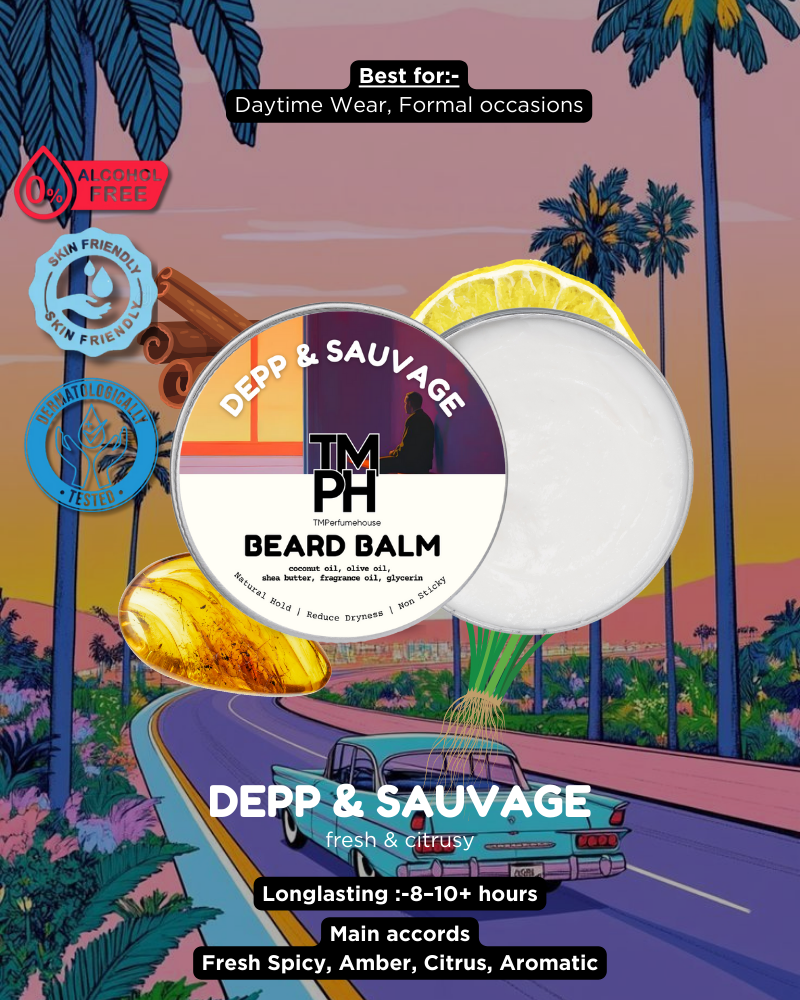 Beard balm packaging with palm trees and vintage car illustration on a colorful background