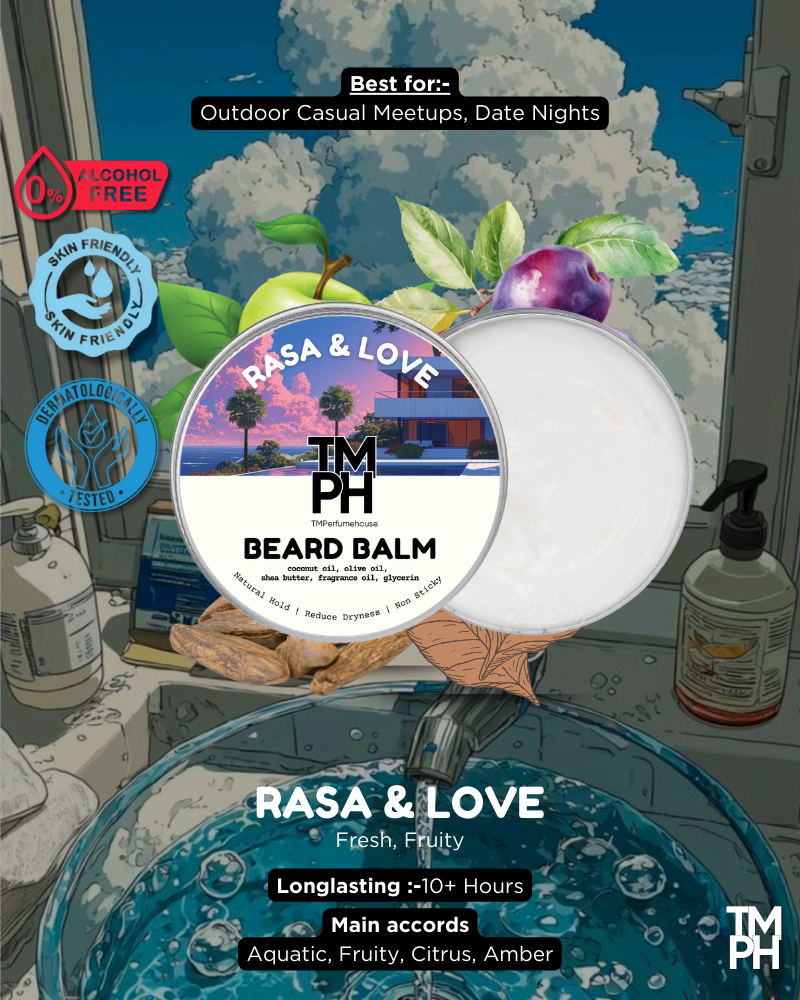 Beard balm container with branding and product details on a bathroom background