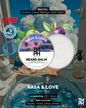 Beard balm container with branding and product details on a bathroom background