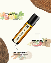 Roll-on bottle with notes on top, middle, and base of a fragrance on a white background