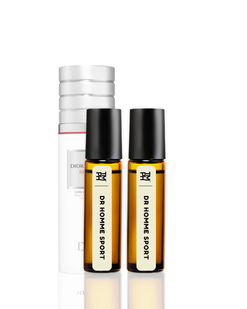 Two bottles of Dr. Homme Sport cologne on a white background