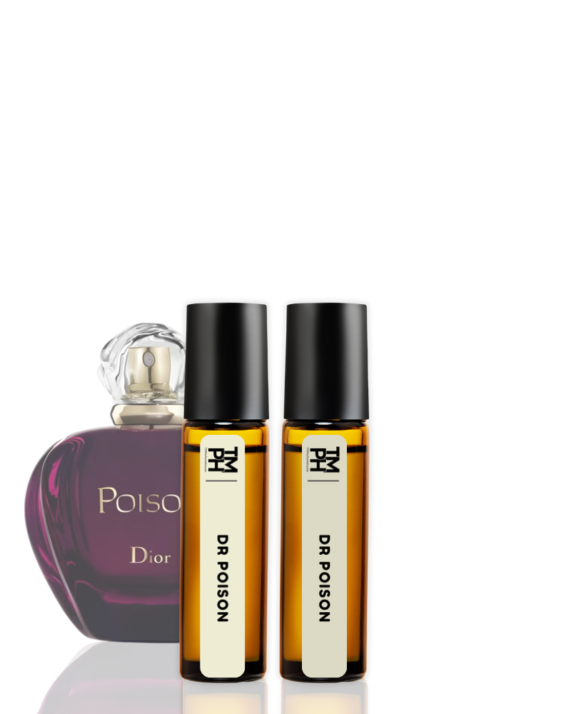 Two bottles of 'DR Poison' and a purple bottle labeled 'Dior Poison' on a white background