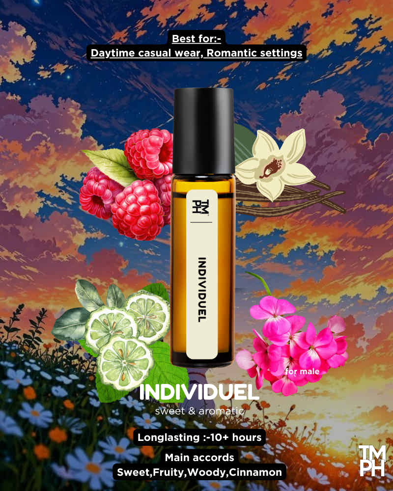 Perfume bottle with floral and fruit elements on a colorful background