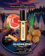 Dr. Homme Sport cologne bottle with citrus and spice elements on a scenic background