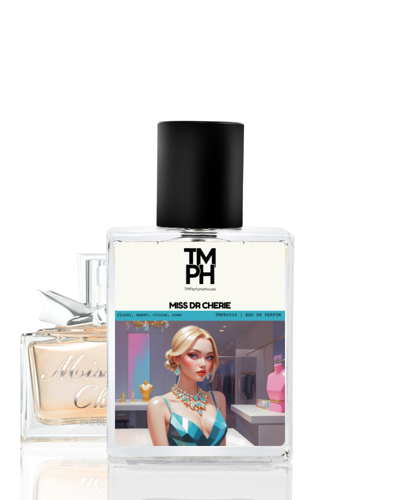 Perfume bottle labeled 'TM PH Miss Dr. Cherie' with a woman in an elegant dress on the label.